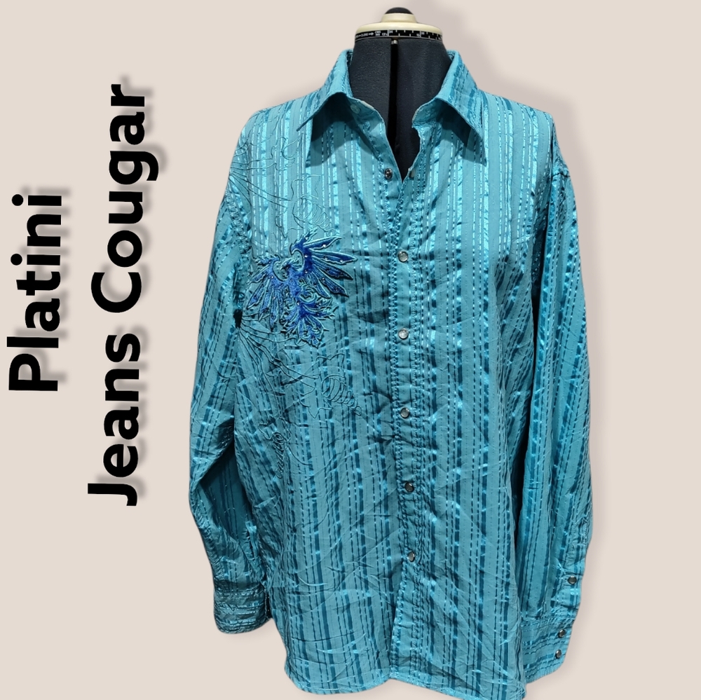 Platini Jeans Cougar men's aqua blue long sleeve shirt size XXL